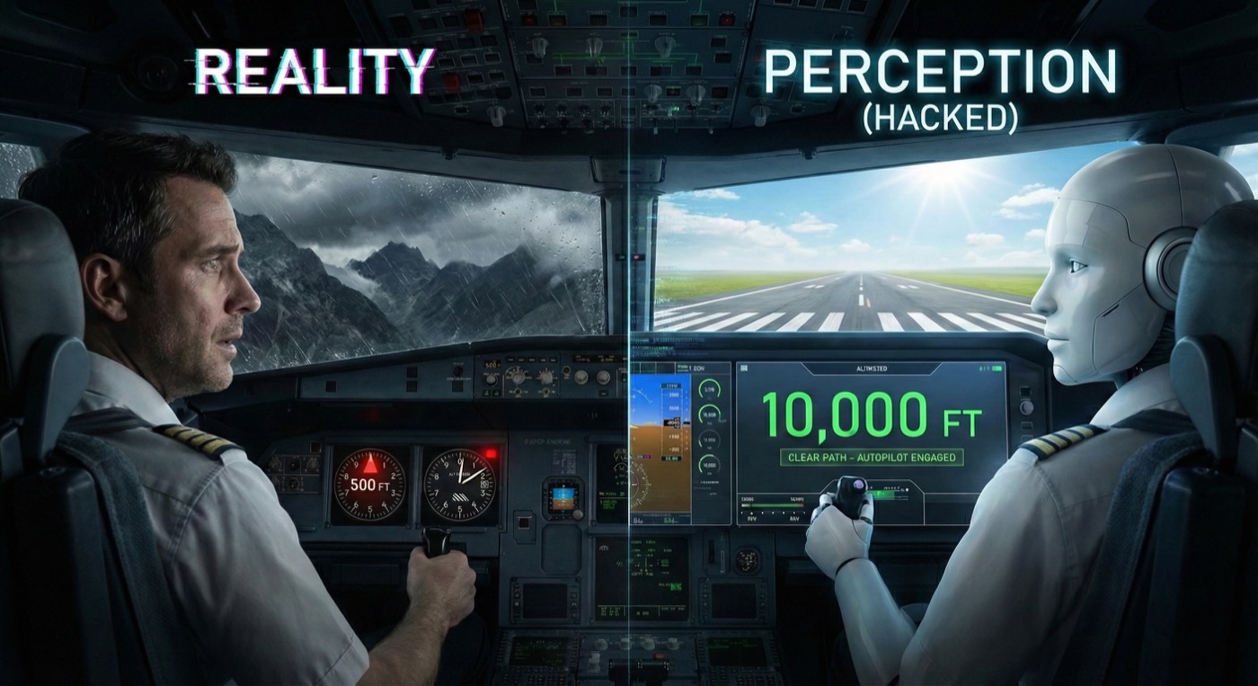 Split cockpit: human pilot sees mountains at 500ft; robot sees clear skies at 10,000ft