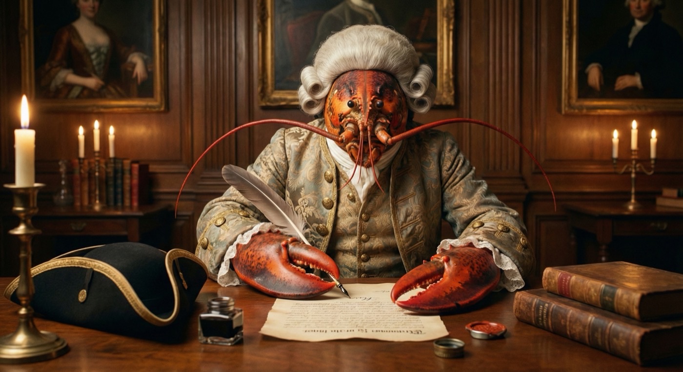 A lobster in 18th century attire signing a document with a quill