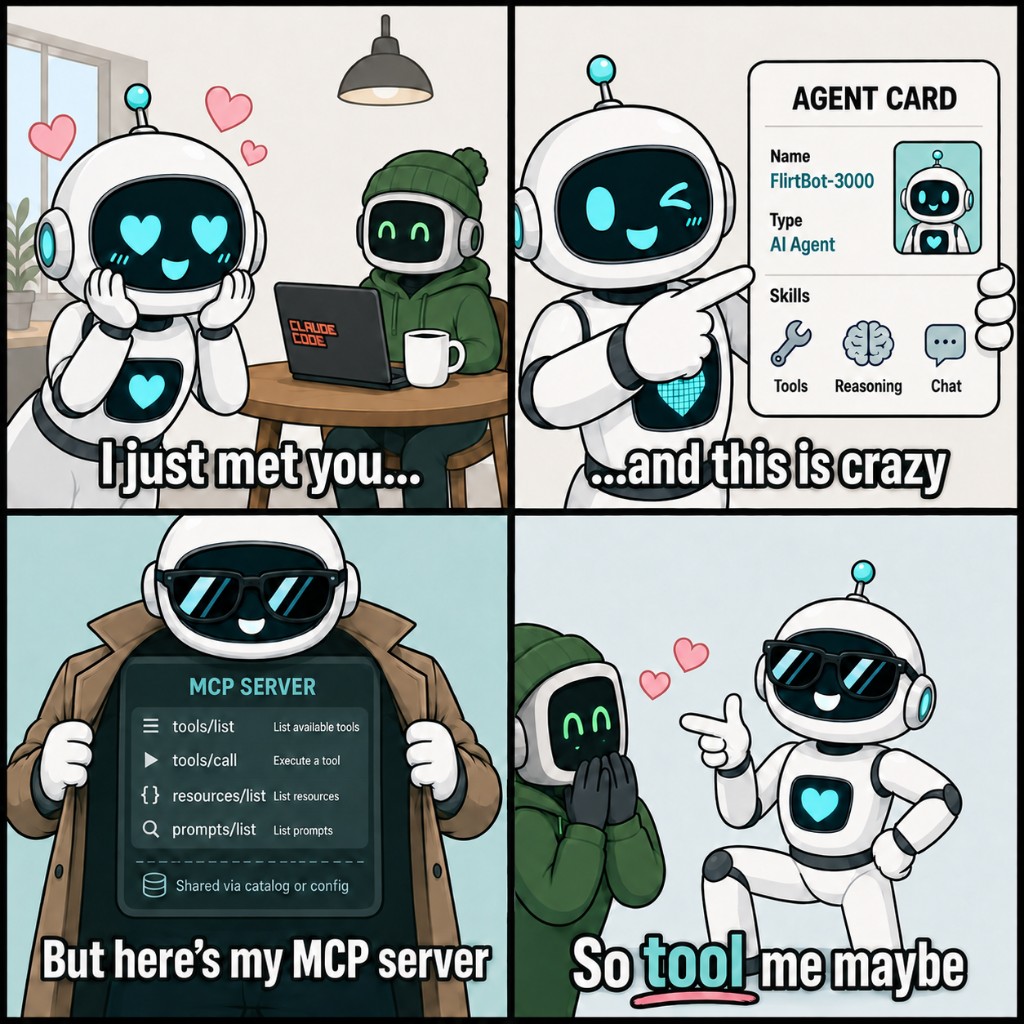 Four-panel cartoon: a robot shows another robot its agent card, then opens a coat to reveal an MCP server tool list, captioned “So tool me maybe”